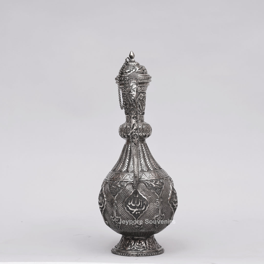 Hand-Engraved Middle Eastern Antique Silver-Polished Copper Surai Ewer