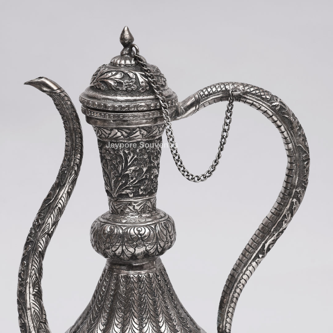 Hand-Engraved Middle Eastern Antique Silver-Polished Copper Surai Ewer