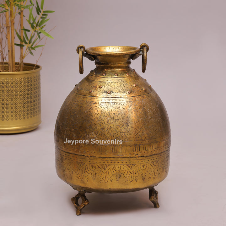 Handcrafted Floral Engraved Brass Planter Pot with Ring Handles