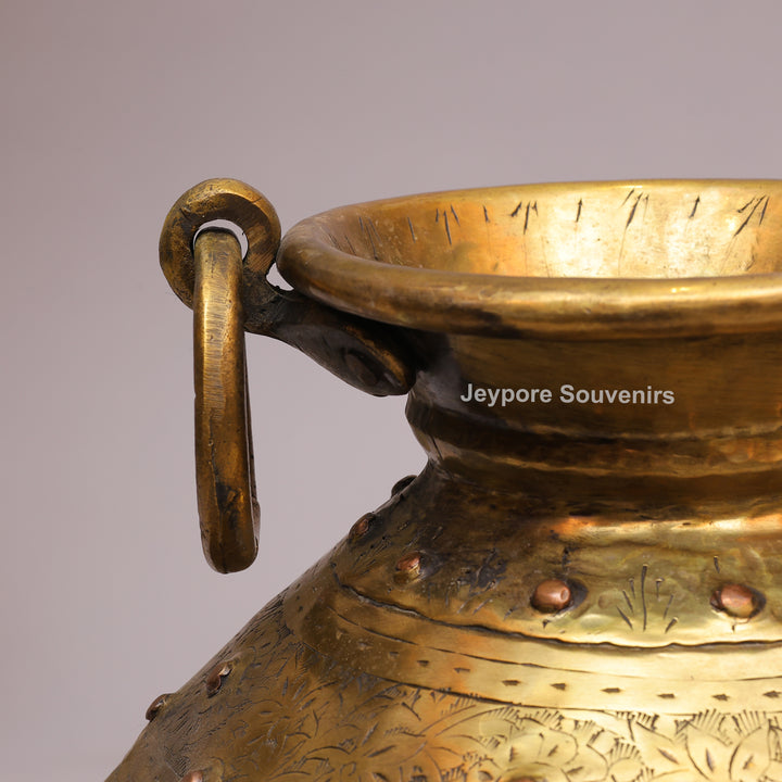 Handcrafted Floral Engraved Brass Planter Pot with Ring Handles