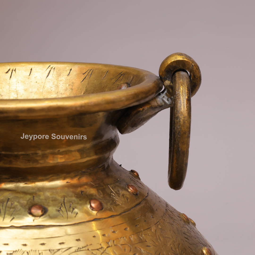 Handcrafted Floral Engraved Brass Planter Pot with Ring Handles
