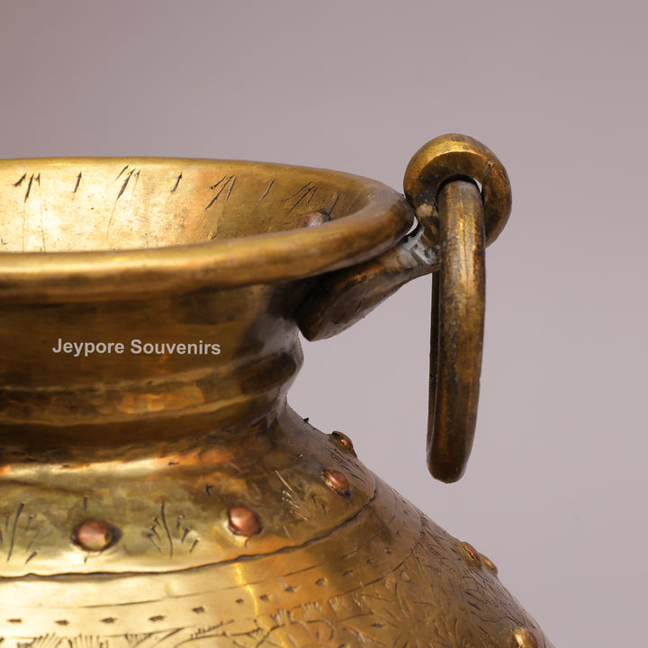 Handcrafted Floral Engraved Brass Planter Pot with Ring Handles