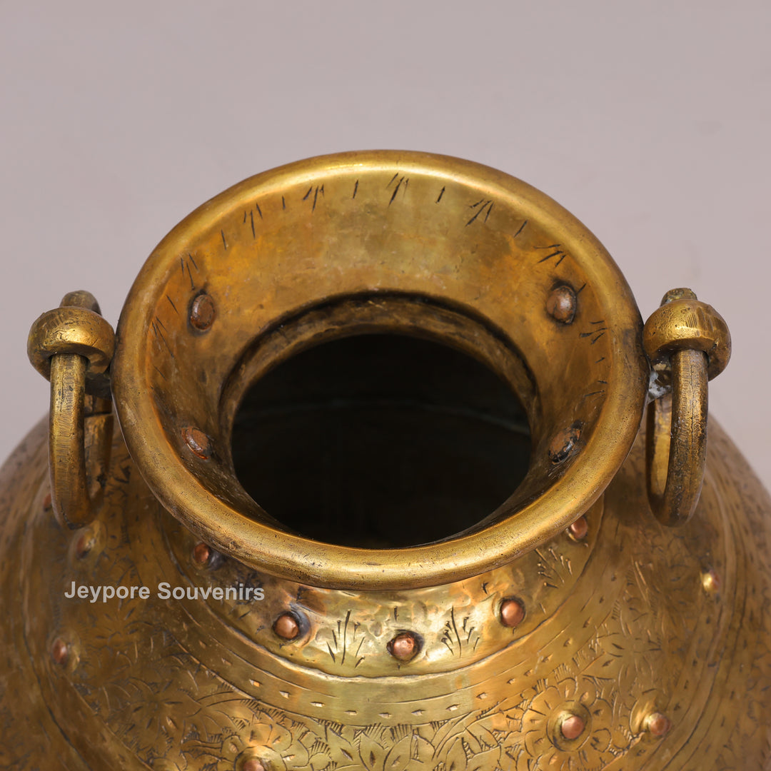 Handcrafted Floral Engraved Brass Planter Pot with Ring Handles