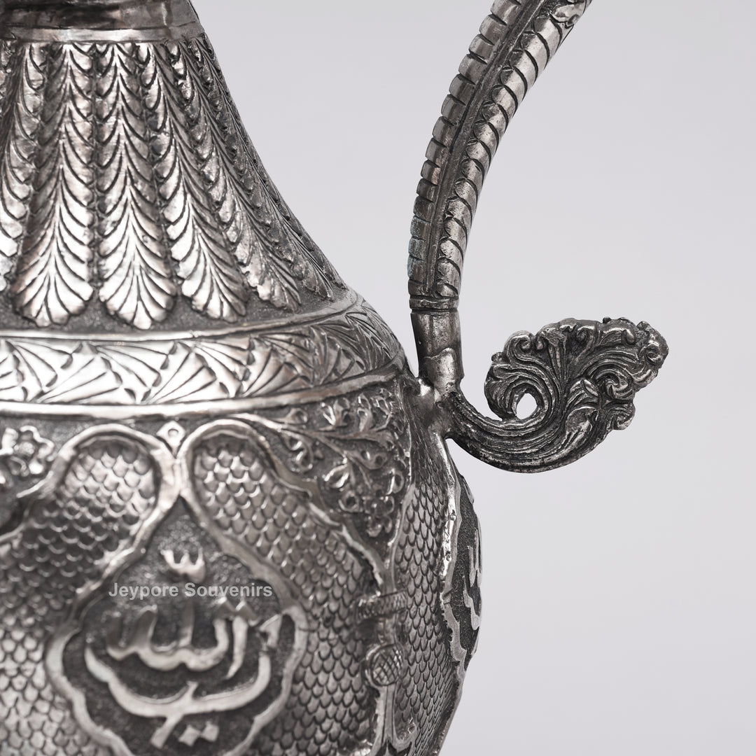 Hand-Engraved Middle Eastern Antique Silver-Polished Copper Surai Ewer