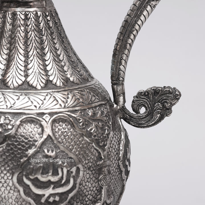 Hand-Engraved Middle Eastern Antique Silver-Polished Copper Surai Ewer