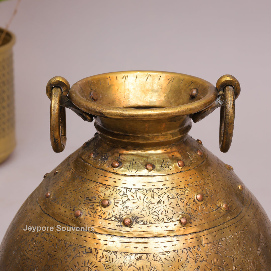 Handcrafted Floral Engraved Brass Planter Pot with Ring Handles