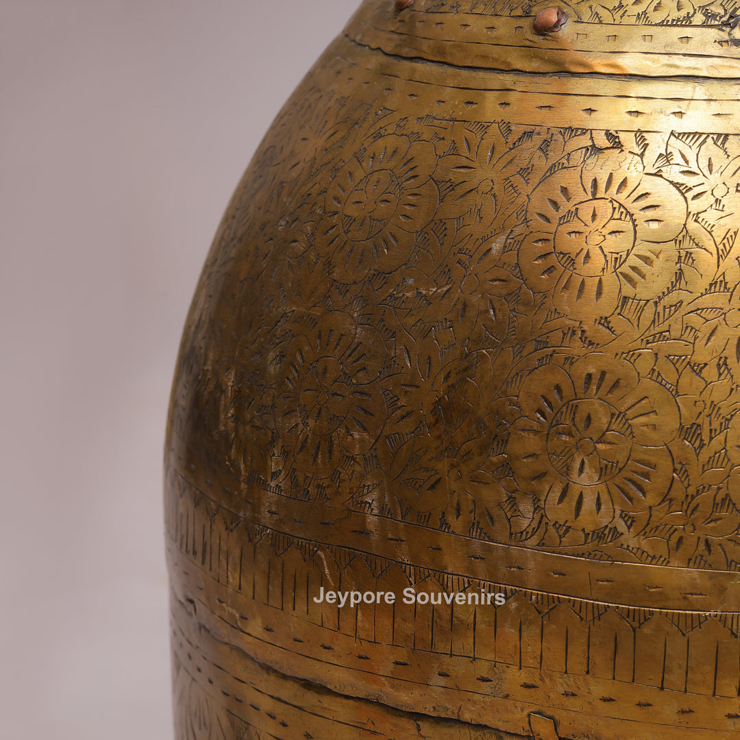 Handcrafted Floral Engraved Brass Planter Pot with Ring Handles