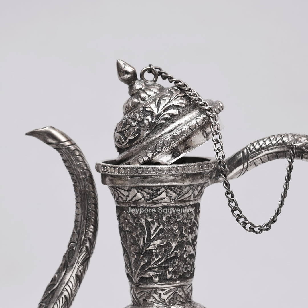 Hand-Engraved Middle Eastern Antique Silver-Polished Copper Surai Ewer