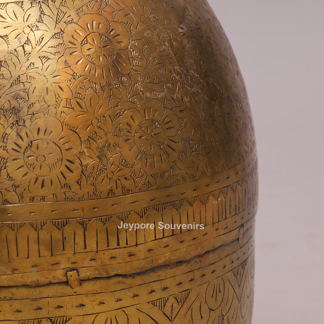 Handcrafted Floral Engraved Brass Planter Pot with Ring Handles