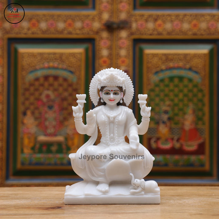 White Marble Goddess Lakshmi Idol with Lotus Pedestal &amp; Seated Elephant