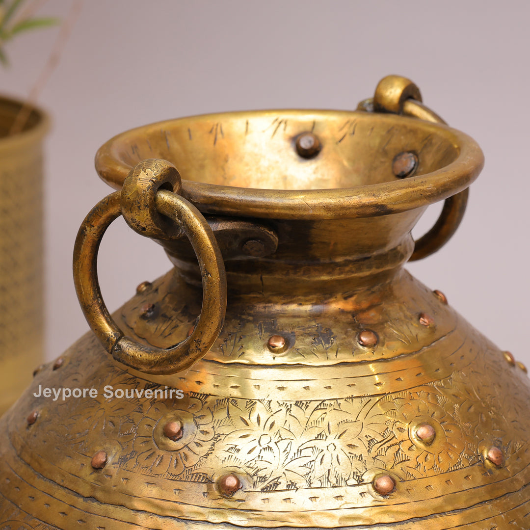 Handcrafted Floral Engraved Brass Planter Pot with Ring Handles