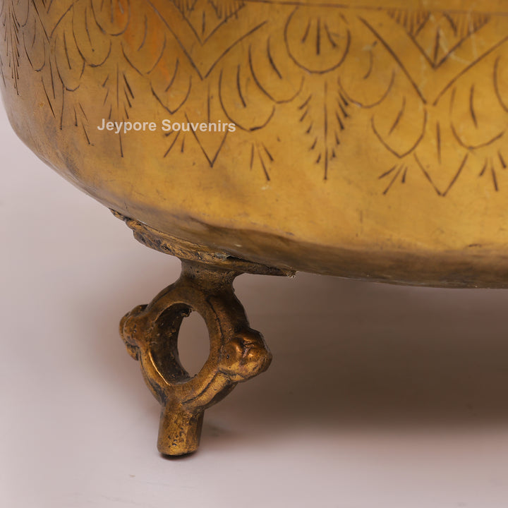 Handcrafted Floral Engraved Brass Planter Pot with Ring Handles