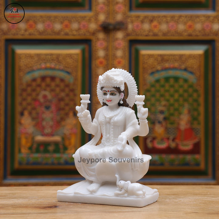 White Marble Goddess Lakshmi Idol with Lotus Pedestal &amp; Seated Elephant