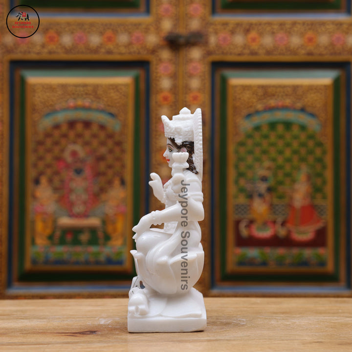 White Marble Goddess Lakshmi Idol with Lotus Pedestal &amp; Seated Elephant