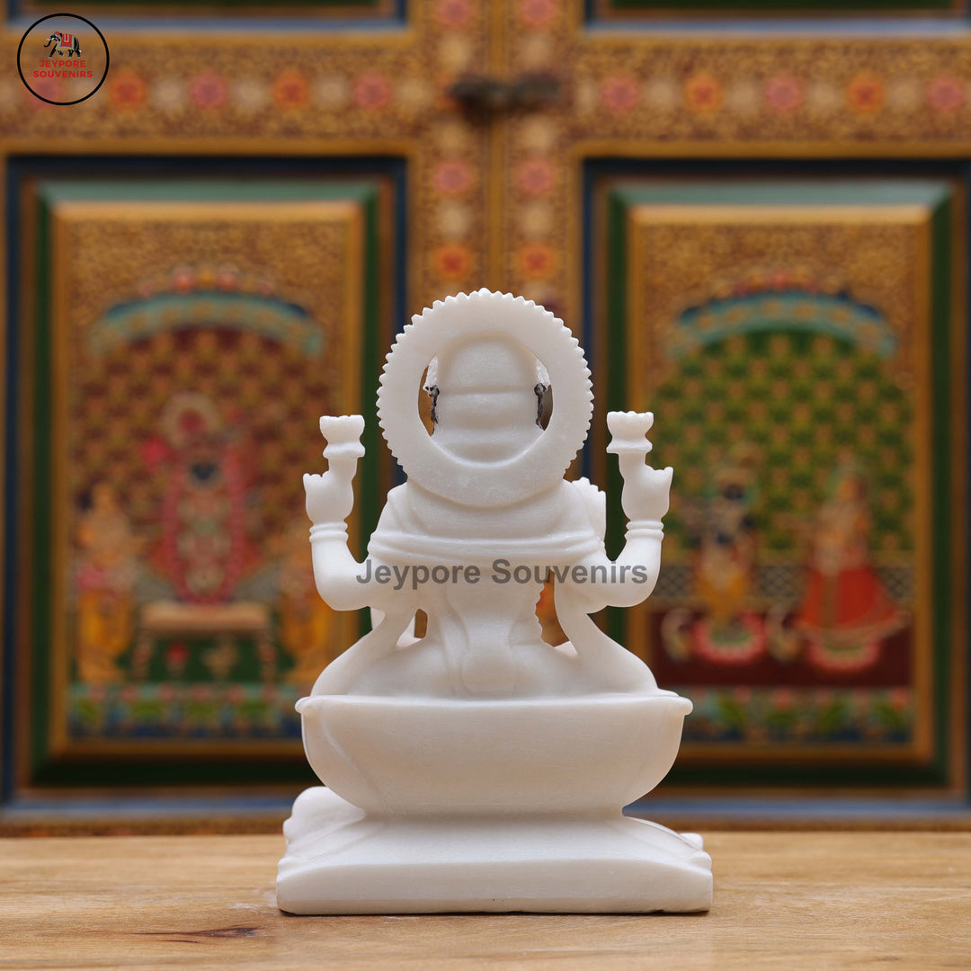 White Marble Goddess Lakshmi Idol with Lotus Pedestal &amp; Seated Elephant