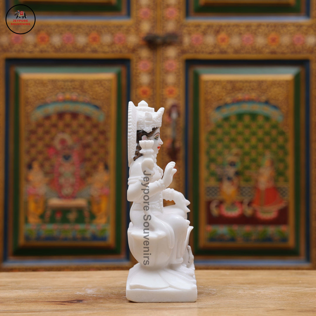 White Marble Goddess Lakshmi Idol with Lotus Pedestal &amp; Seated Elephant