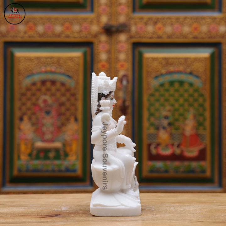 White Marble Goddess Lakshmi Idol with Lotus Pedestal &amp; Seated Elephant
