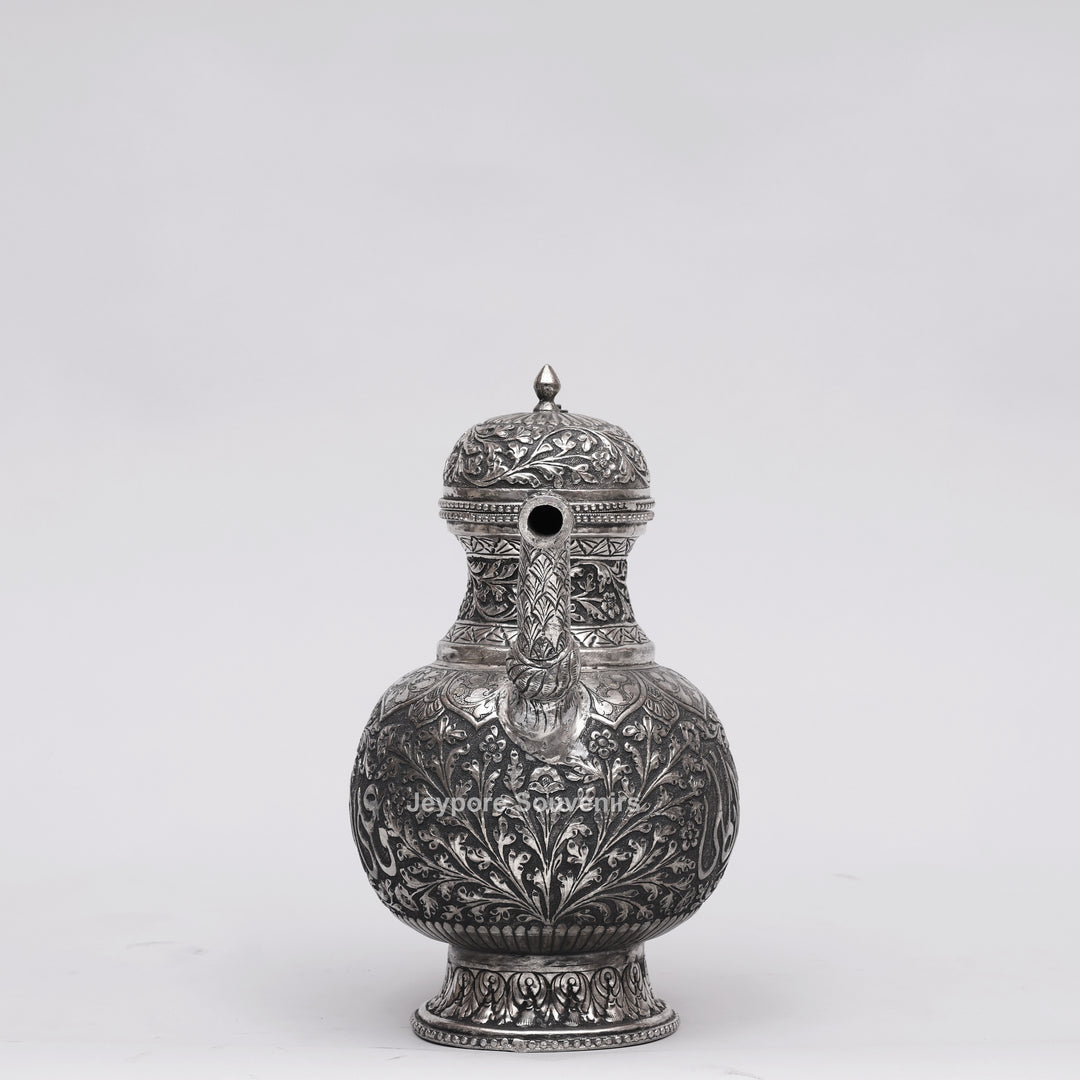 Antique Silver Polish Copper Surahi Showpiece with Arabic Calligraphy