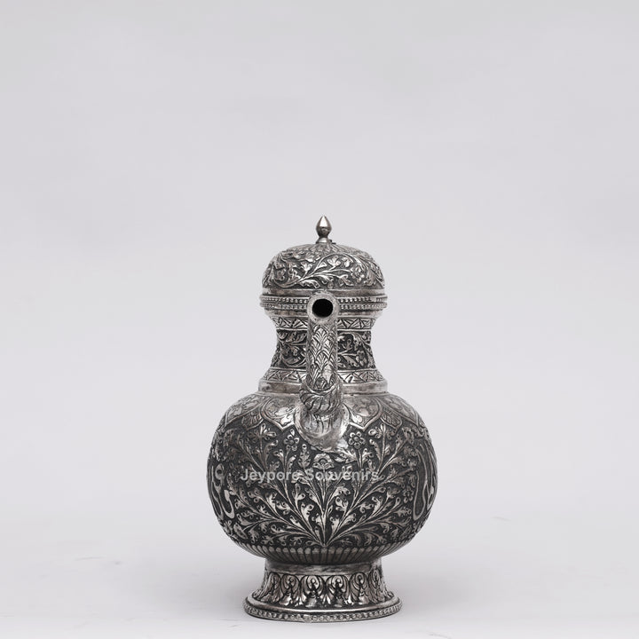 Antique Silver Polish Copper Surahi Showpiece with Arabic Calligraphy