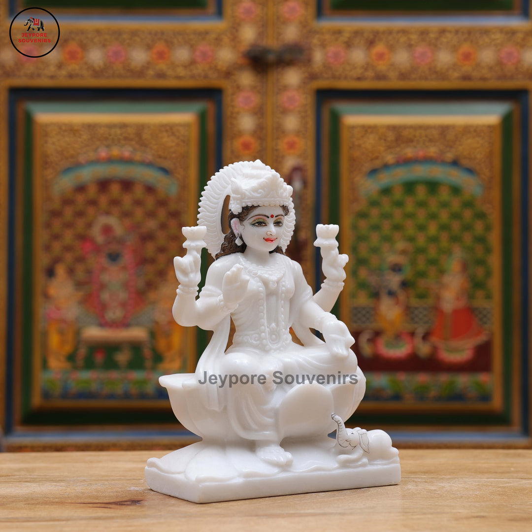 White Marble Goddess Lakshmi Idol with Lotus Pedestal &amp; Seated Elephant