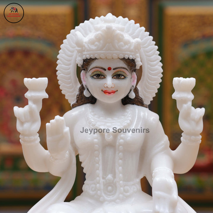 White Marble Goddess Lakshmi Idol with Lotus Pedestal &amp; Seated Elephant