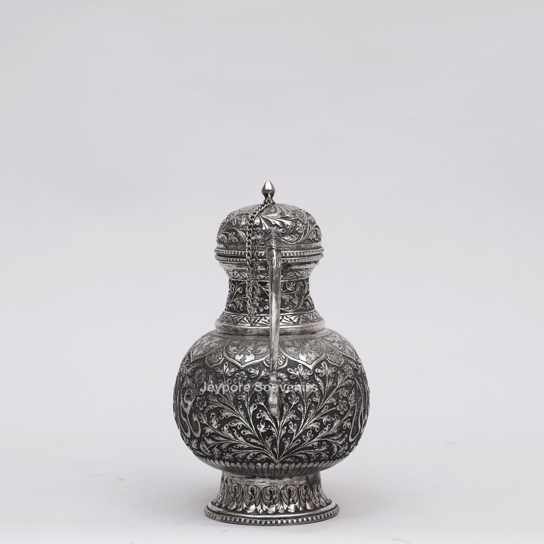 Antique Silver Polish Copper Surahi Showpiece with Arabic Calligraphy