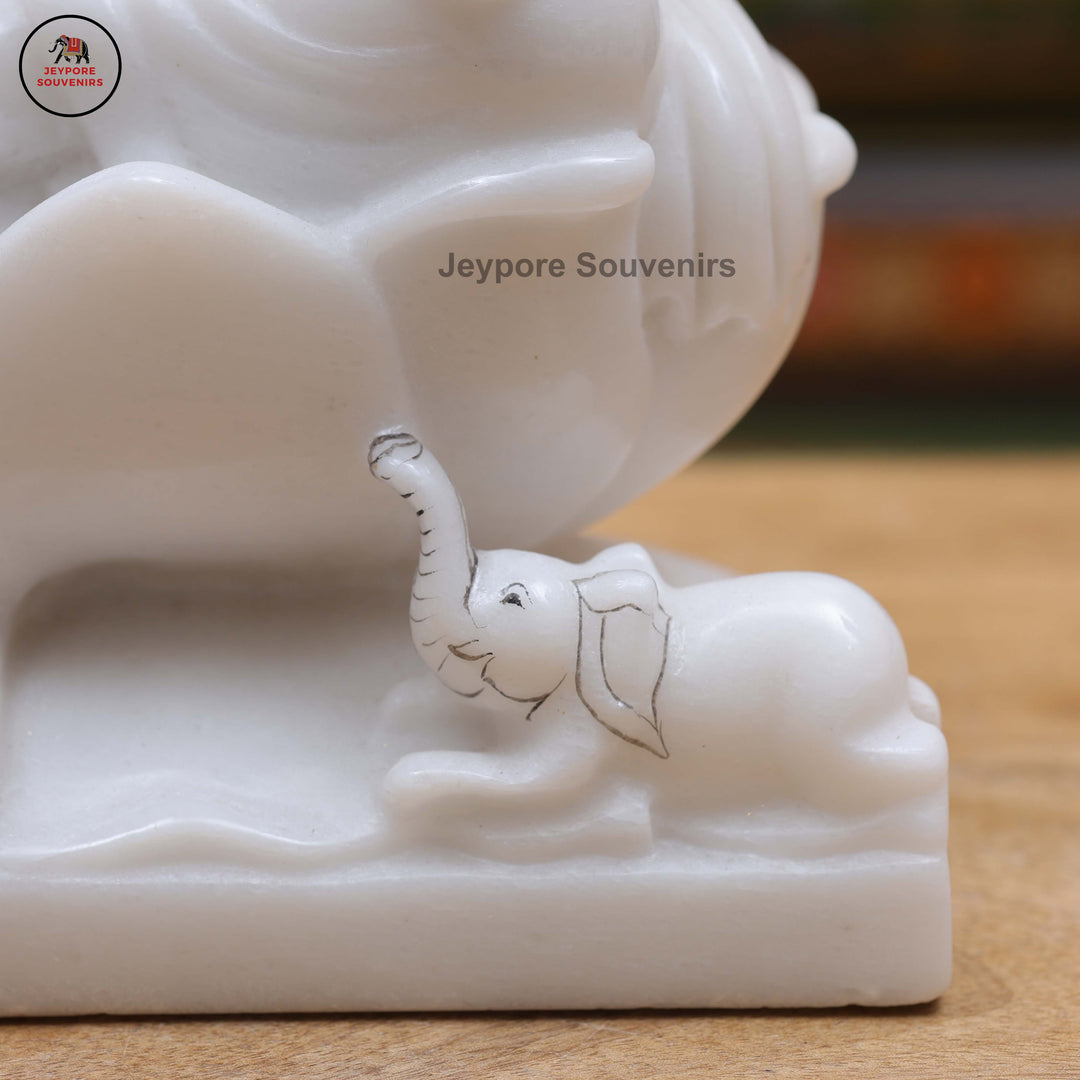 White Marble Goddess Lakshmi Idol with Lotus Pedestal &amp; Seated Elephant