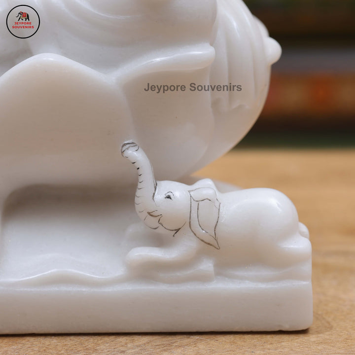 White Marble Goddess Lakshmi Idol with Lotus Pedestal &amp; Seated Elephant