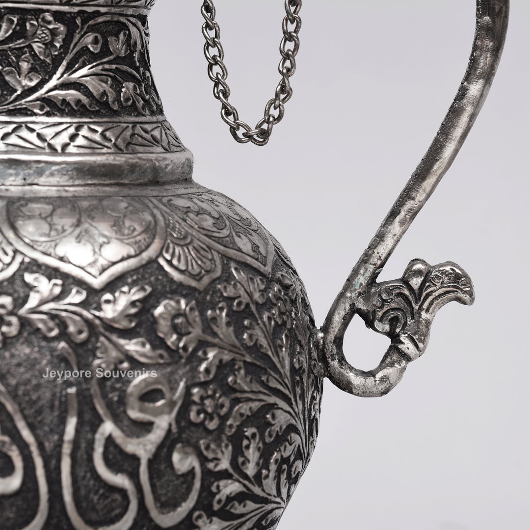 Antique Silver Polish Copper Surahi Showpiece with Arabic Calligraphy