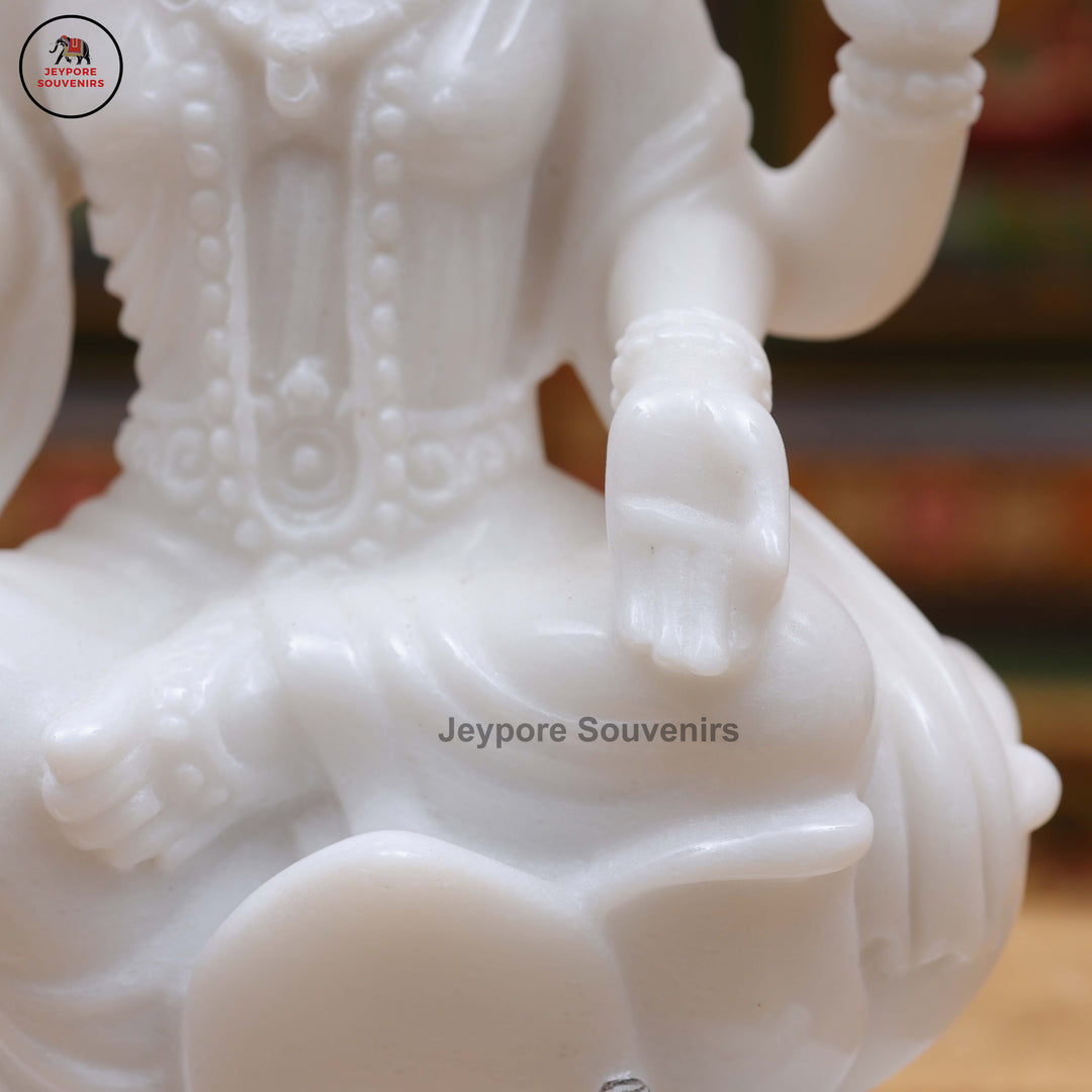 White Marble Goddess Lakshmi Idol with Lotus Pedestal &amp; Seated Elephant