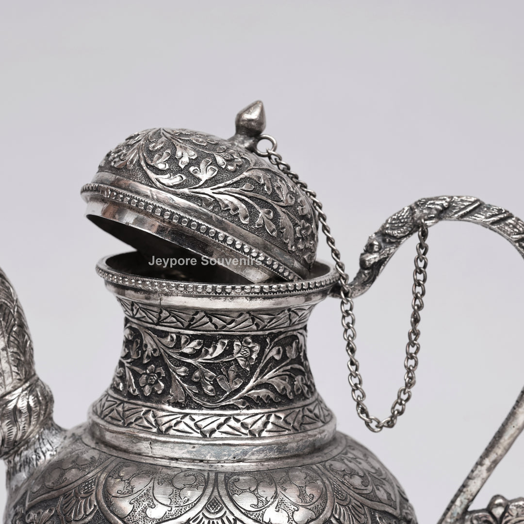 Antique Silver Polish Copper Surahi Showpiece with Arabic Calligraphy