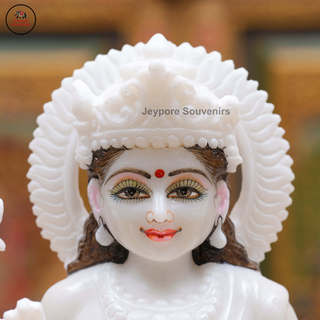 White Marble Goddess Lakshmi Idol with Lotus Pedestal &amp; Seated Elephant