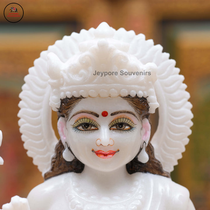 White Marble Goddess Lakshmi Idol with Lotus Pedestal &amp; Seated Elephant