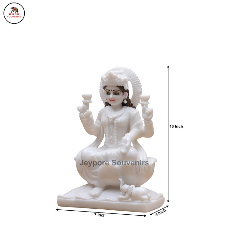White Marble Goddess Lakshmi Idol with Lotus Pedestal &amp; Seated Elephant