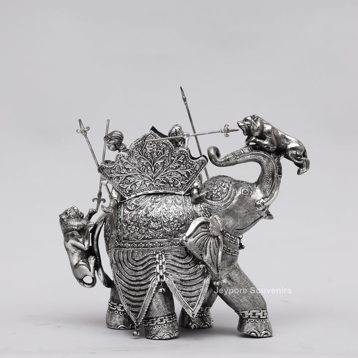 Handcrafted Silver-Plated Warrior Elephant Statue with Lion Battle Scene