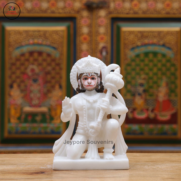 Handcrafted White Marble Lord Hanuman Idol with Gada