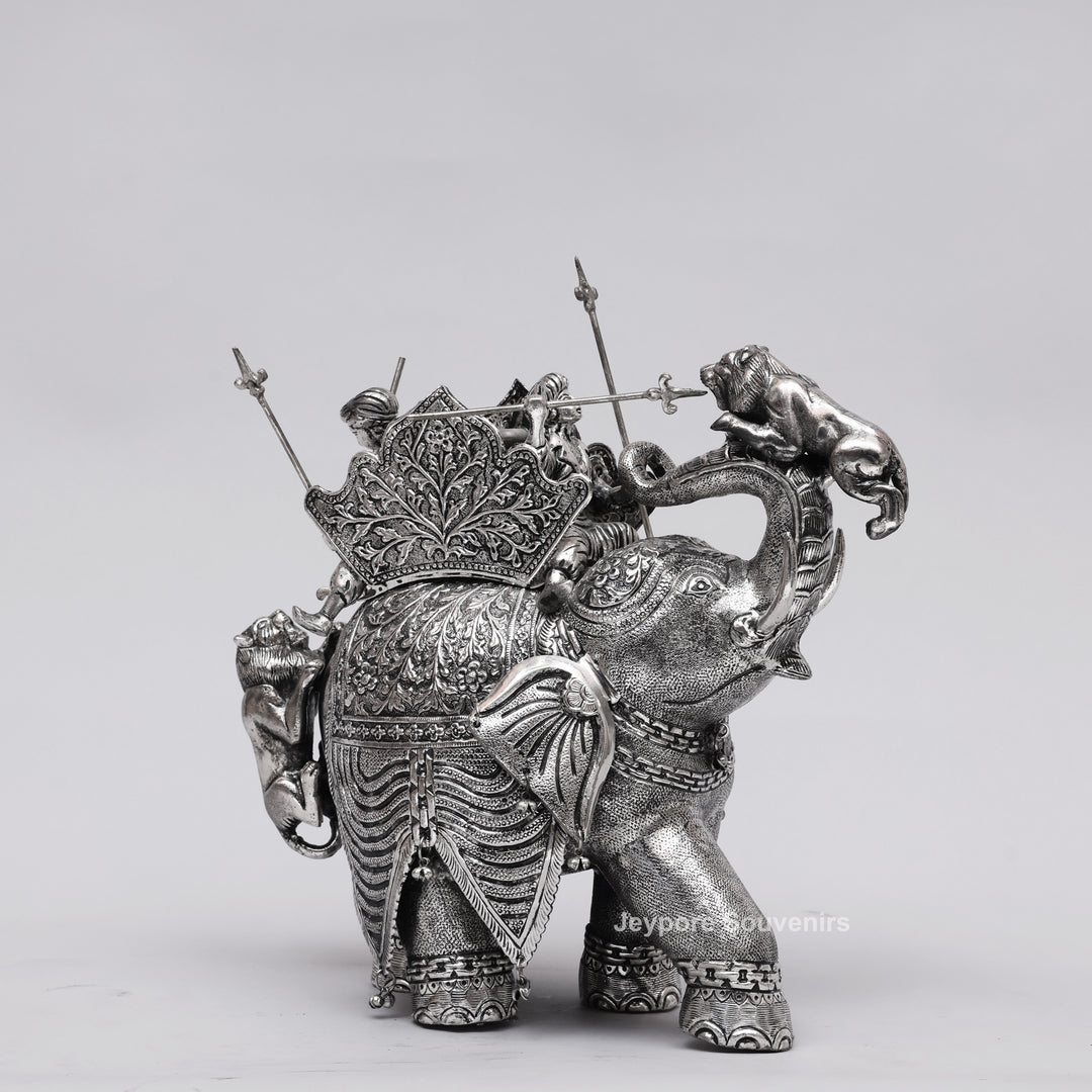 Handcrafted Silver-Plated Warrior Elephant Statue with Lion Battle Scene