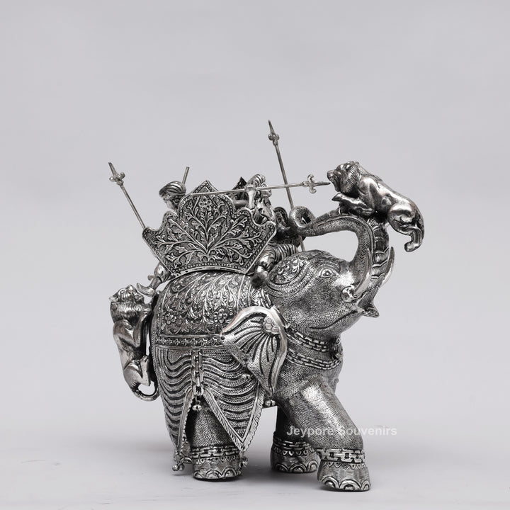 Handcrafted Silver-Plated Warrior Elephant Statue with Lion Battle Scene