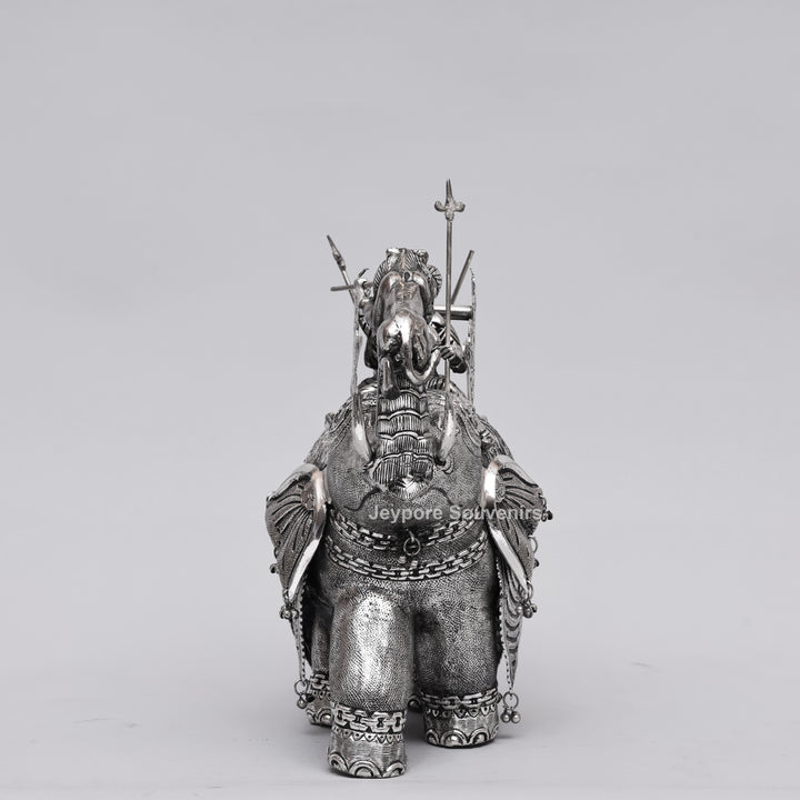 Handcrafted Silver-Plated Warrior Elephant Statue with Lion Battle Scene
