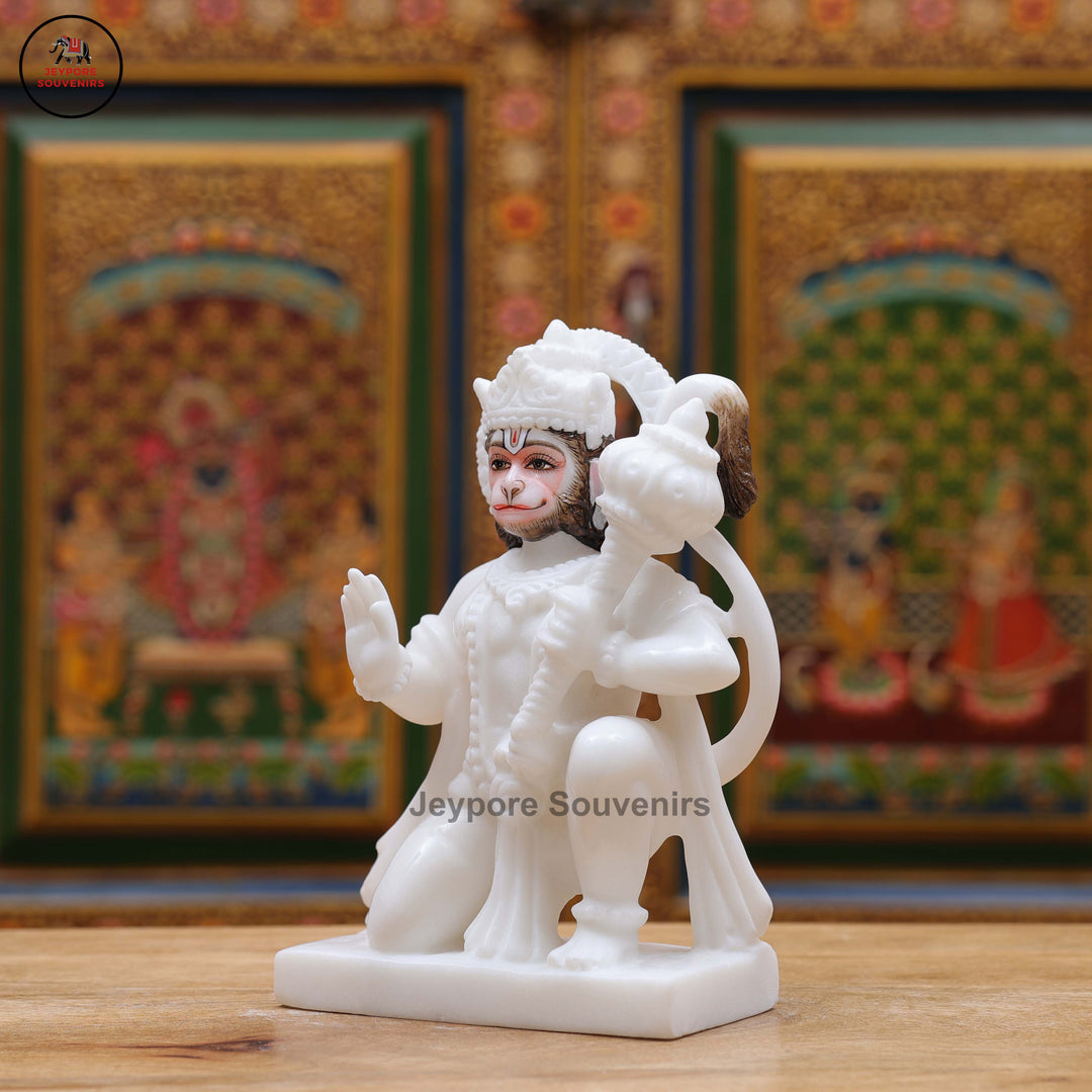 Handcrafted White Marble Lord Hanuman Idol with Gada