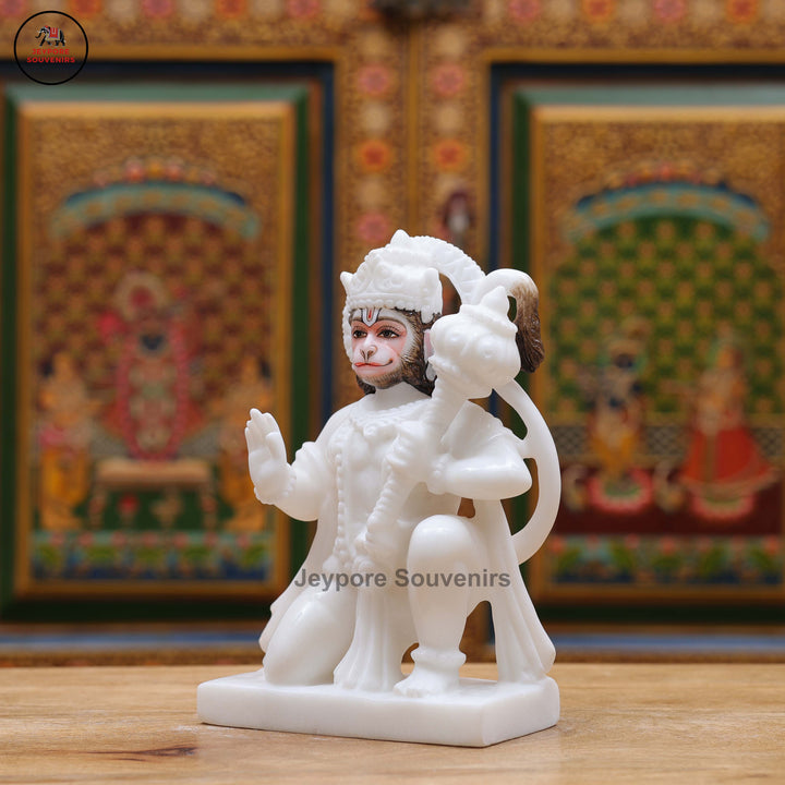 Handcrafted White Marble Lord Hanuman Idol with Gada