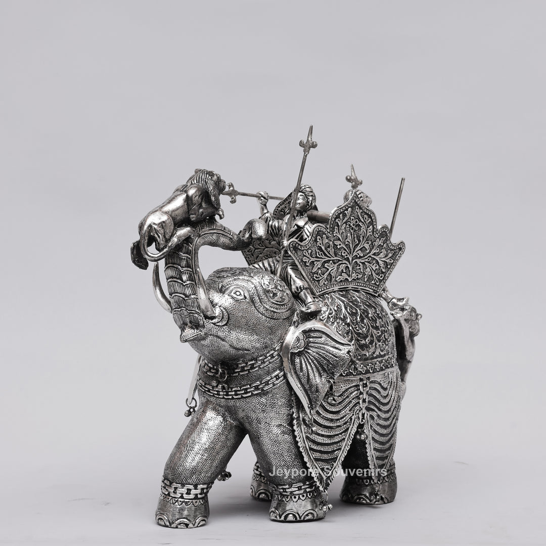 Handcrafted Silver-Plated Warrior Elephant Statue with Lion Battle Scene