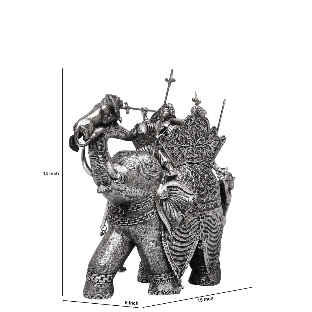 Handcrafted Silver-Plated Warrior Elephant Statue with Lion Battle Scene