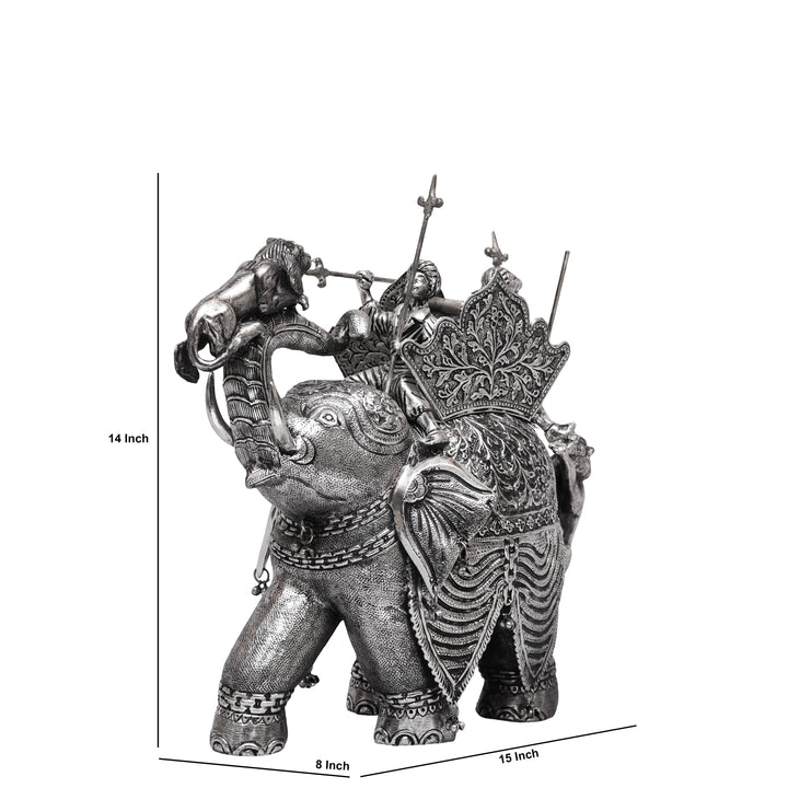 Handcrafted Silver-Plated Warrior Elephant Statue with Lion Battle Scene