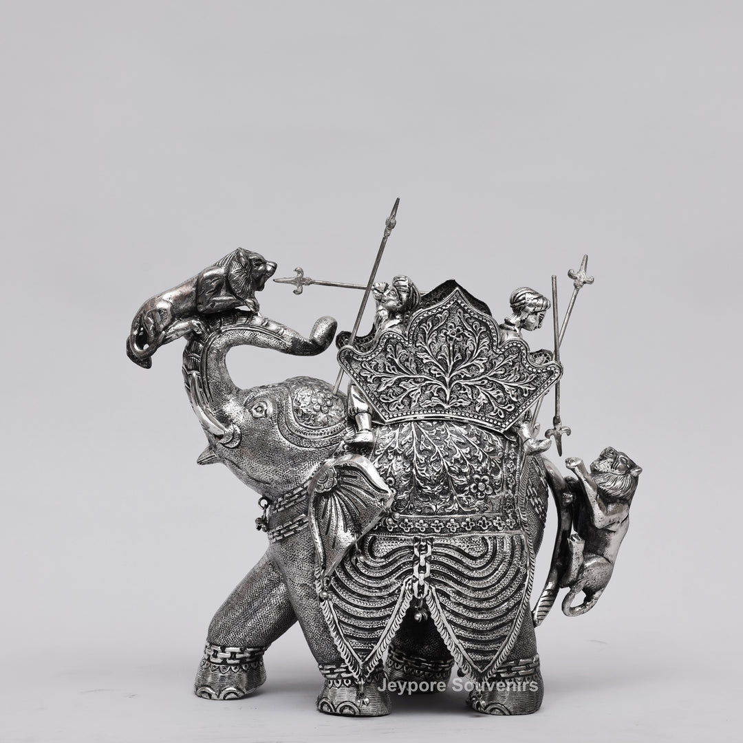 Handcrafted Silver-Plated Warrior Elephant Statue with Lion Battle Scene