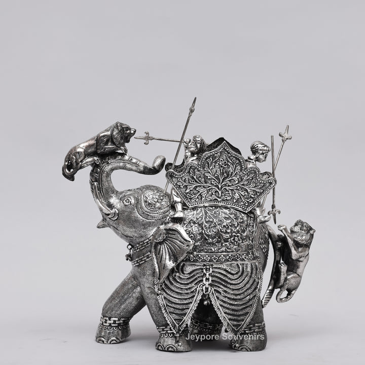 Handcrafted Silver-Plated Warrior Elephant Statue with Lion Battle Scene