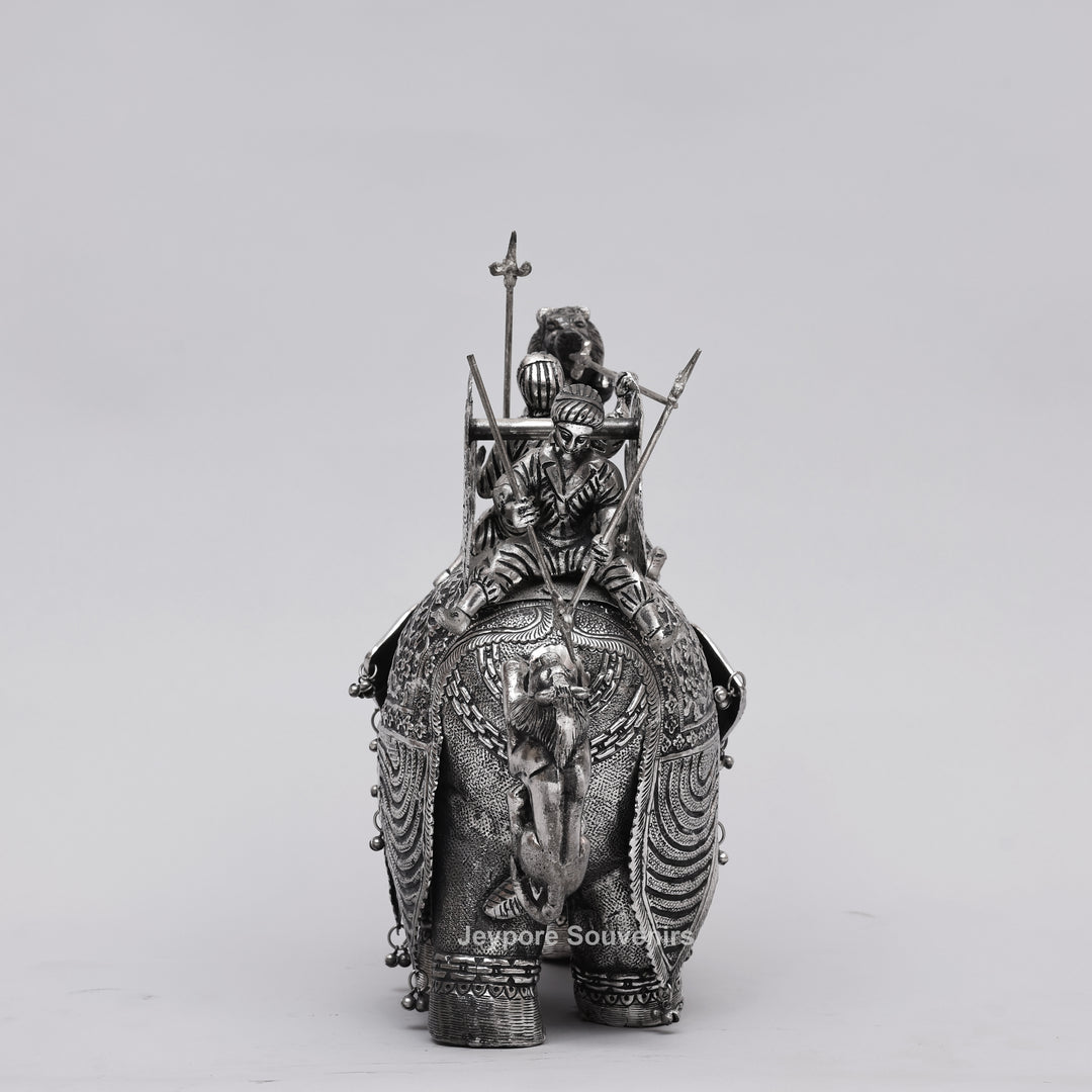 Handcrafted Silver-Plated Warrior Elephant Statue with Lion Battle Scene