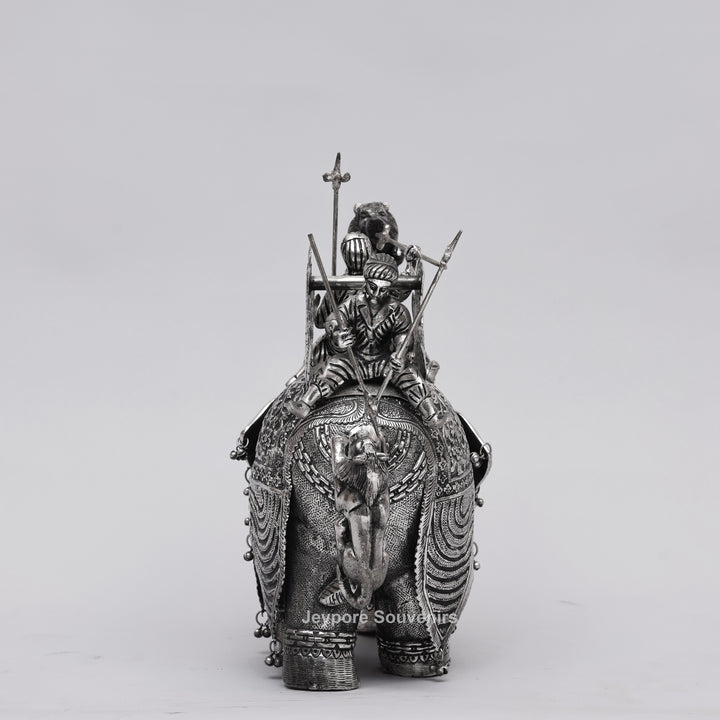 Handcrafted Silver-Plated Warrior Elephant Statue with Lion Battle Scene