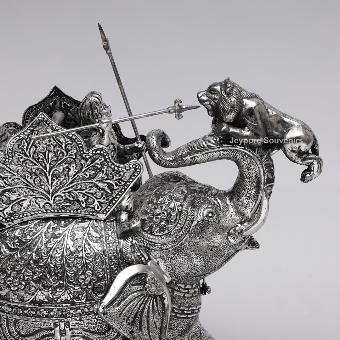 Handcrafted Silver-Plated Warrior Elephant Statue with Lion Battle Scene