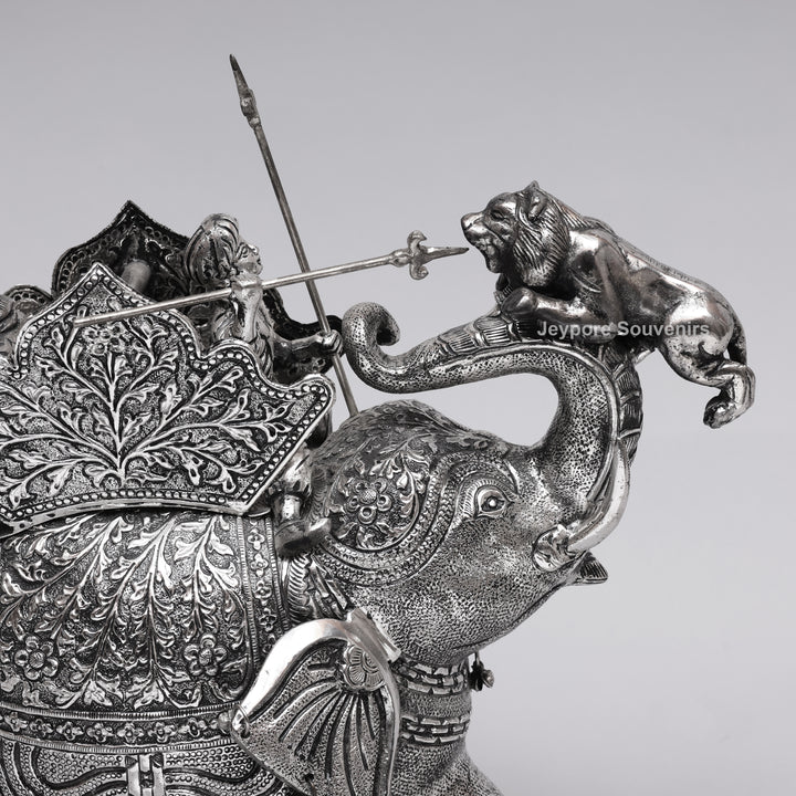 Handcrafted Silver-Plated Warrior Elephant Statue with Lion Battle Scene